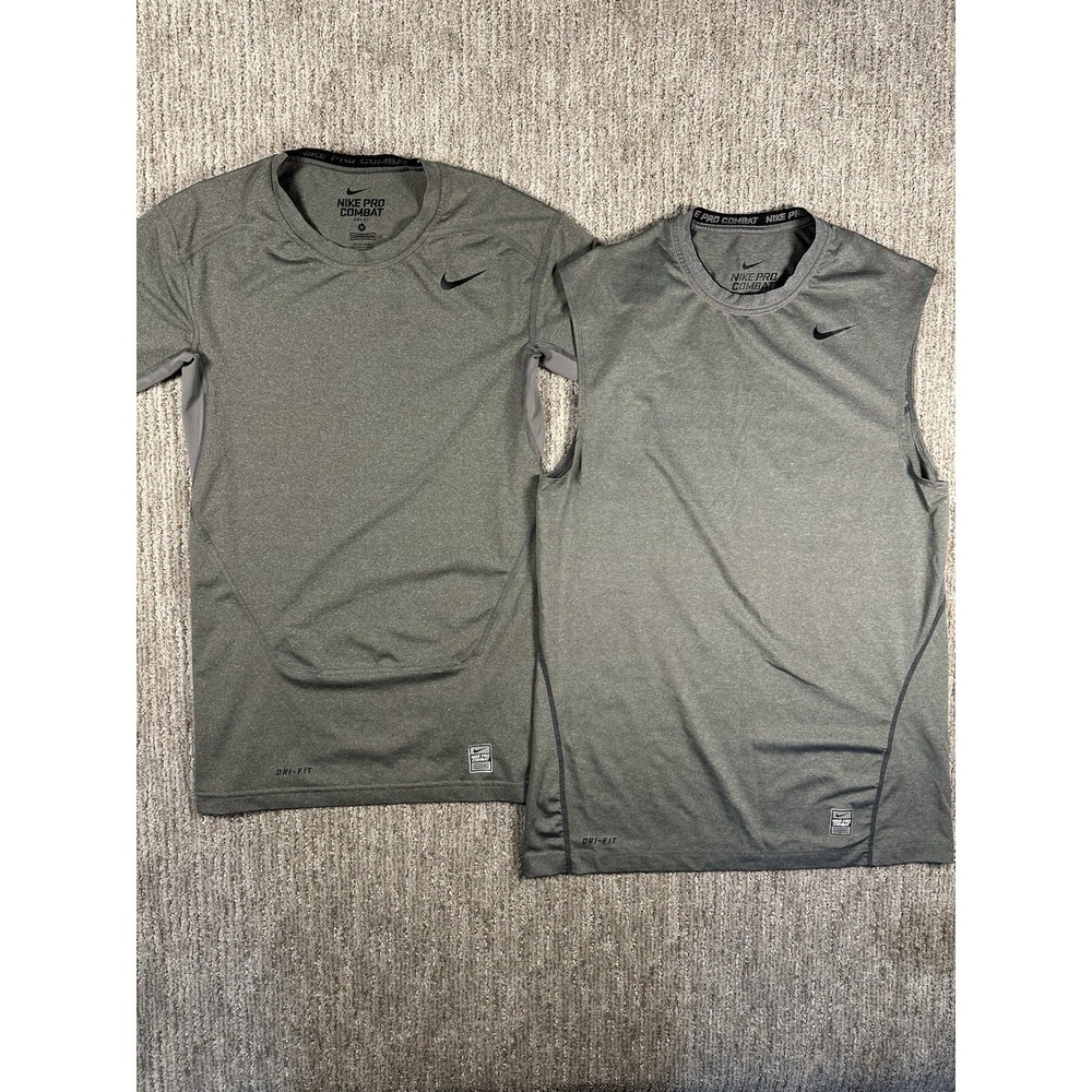 LOT-2 Nike Pro Combat Dri-Fit Shirt Men's M Gray Compression Fitted Athletic